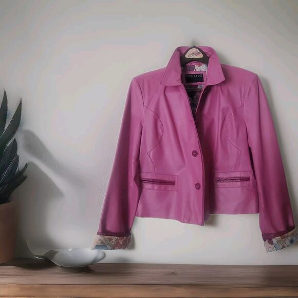 Bernardo Pink Petunia Leather XL Fitted Moto/Barbie SPRING Jacket Floral Lining - Picture 14 of 14